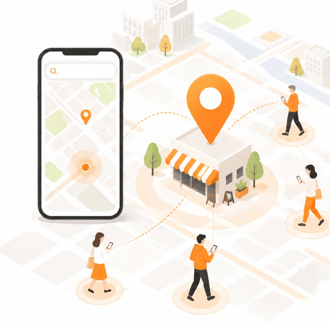スマートフォンの地図検索から店舗へ人が集まるイメージ