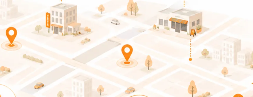 街の地図に店舗のピンが立つイラスト